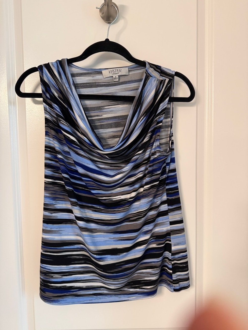 Kasper Striped Sleeveless Cowl Neck Top in Blue, Black & Gray